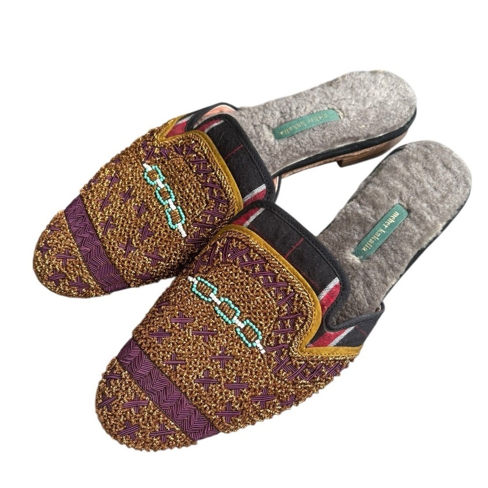 Meher Kakalia Embroidered Beaded Mules Size 41 Sherpa Footbed Anthropologie‎